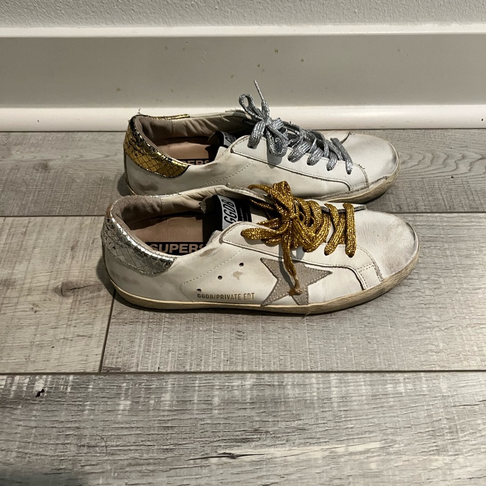 Golden Goose White Sneakers with Gold and Silver Details